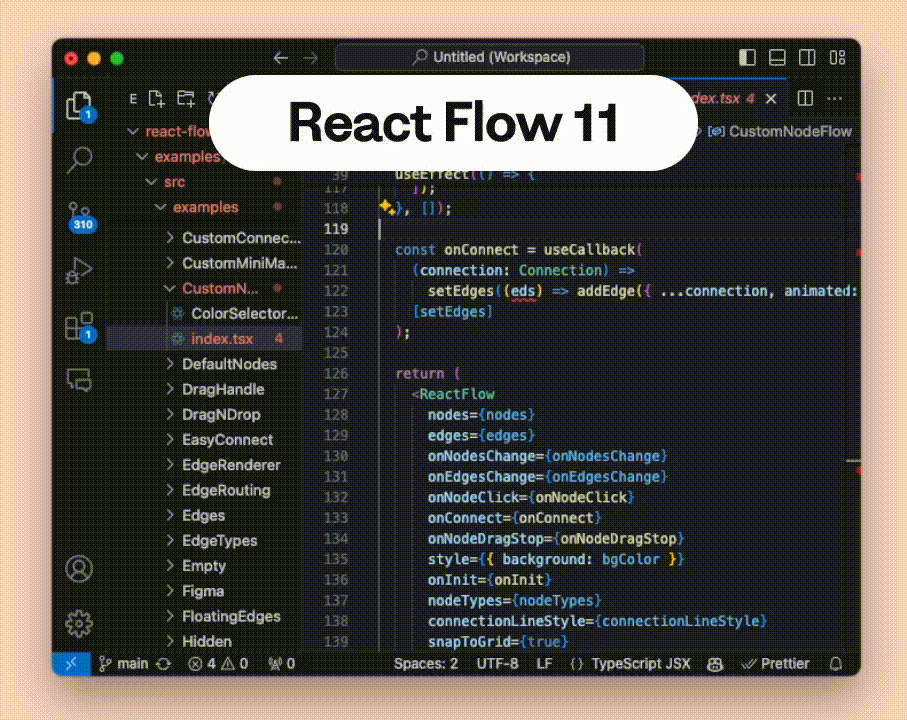 IDE hover information for nodes prop, there is more information shown in React Flow 12 than in React Flow 11